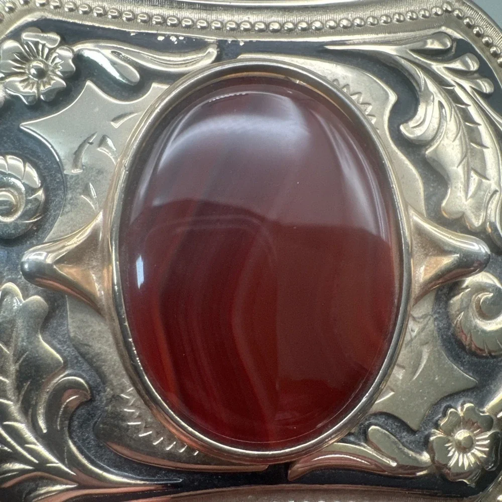 Vintage Western Agate Cabochon Engraved Floral Cowboy Belt Buckle Gold Toned